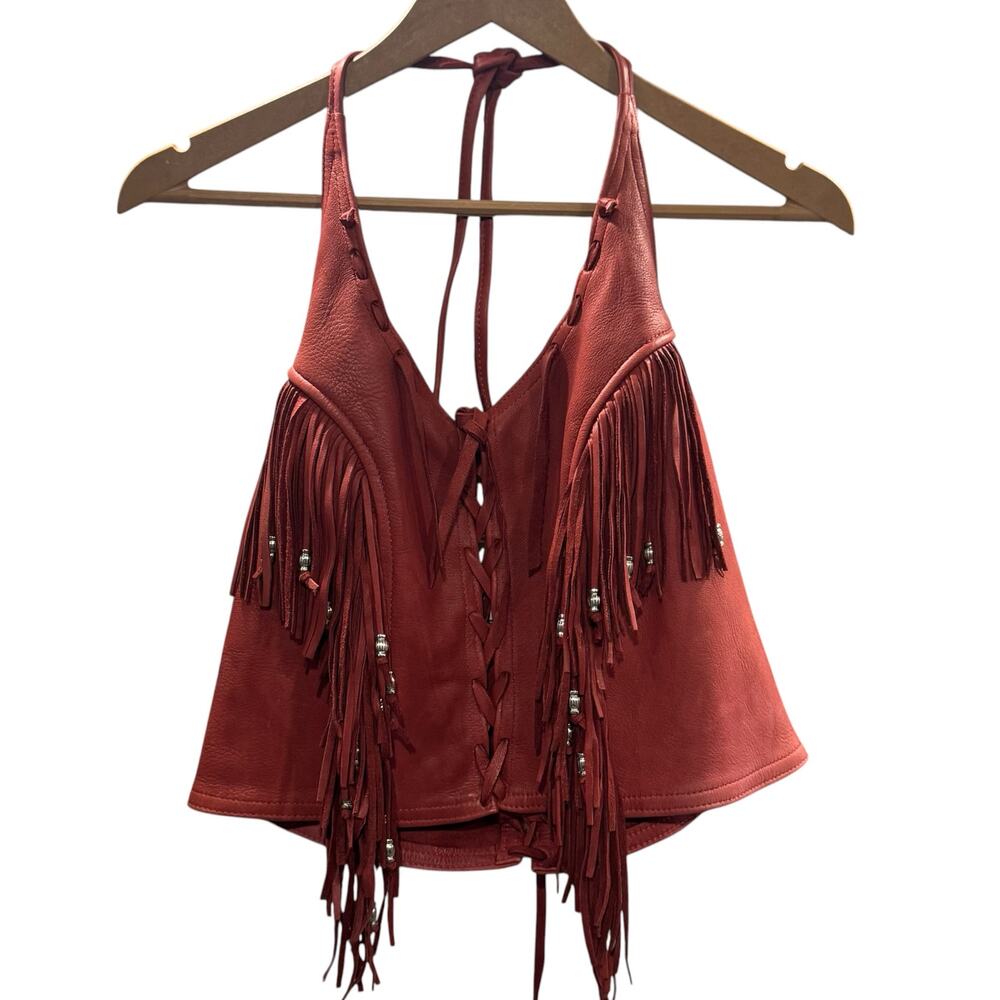Handcrafted Red Leather Halter Top Fringe Beaded Chaps & Bags